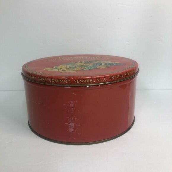vtg baronial brand rum and brandy fruit cake metal tin round red htf as is - Picture 5 of 15